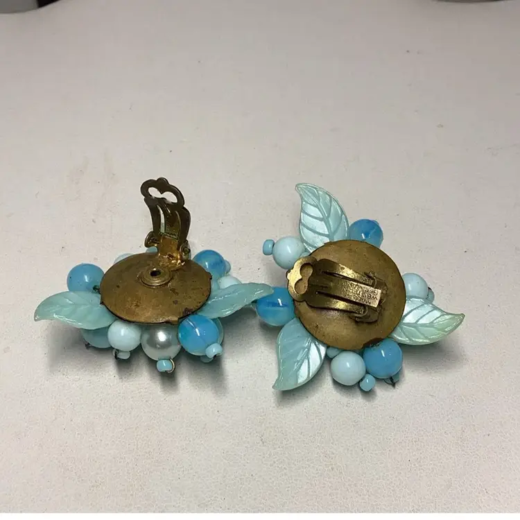 Light Blue Flower Earrings 1 1/4” Lightweight Clipon Signed Made In West Germany Older