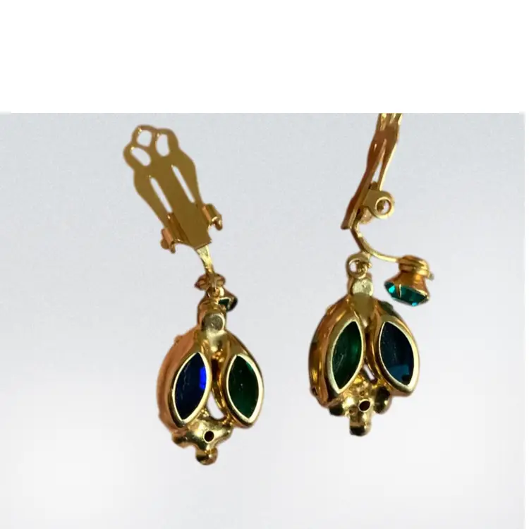 Vintage Stunning Dangling  Gold Tone Clip On Earrings With Green And Blue Prong Set Marquise Cut Rhinestones. 1 1/2 “ L