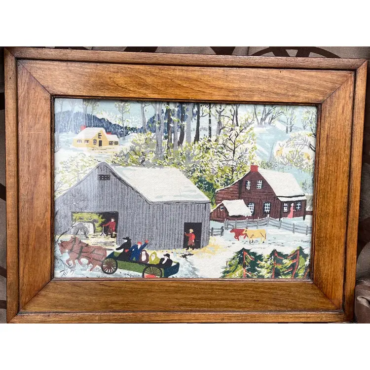 1970s Grandma Moses Quilted  Wall Hanging Winter Horse & Carriage Farm Scene In A Beautiful Solid Wood Frame 