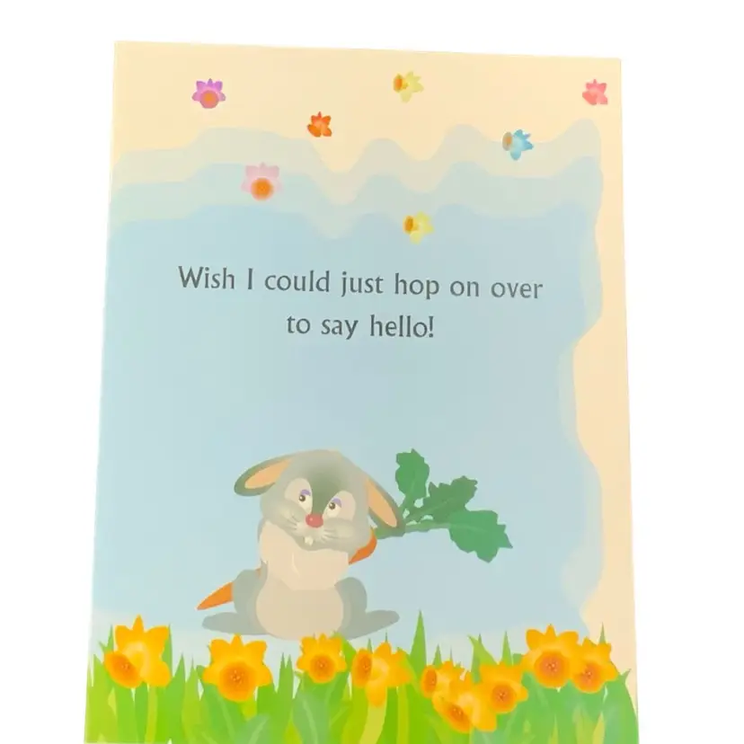 Vintage Spring Missing You Greeting Card Featuring A Cute Pudgy Rabbit With Orange Carrot 🥕 In A Field Of Daffodils 🌼