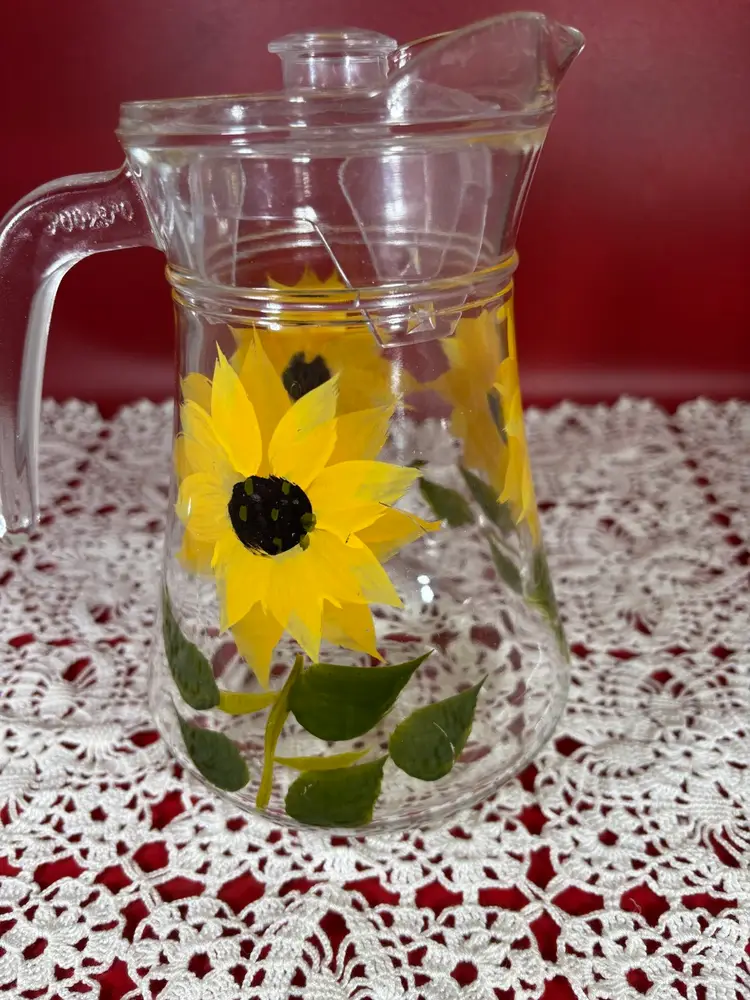 Vintage Glass Pitcher With Hand Painted Sunflowers