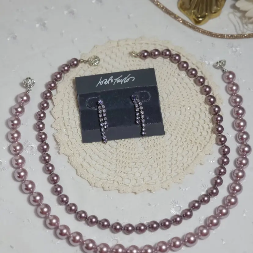 Lot of two purple strands of glass pearls with Lord & Taylor purple rhinestone earrings