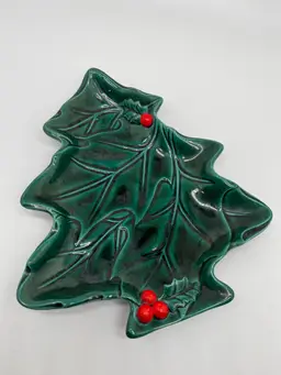Vintage Lefton Green Holly Christmas Tree Candy Dish 2691 Holly Berries