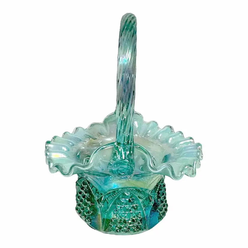 Fenton Button And Arch Sea Mist Green Opalescent Carnival Glass Basket