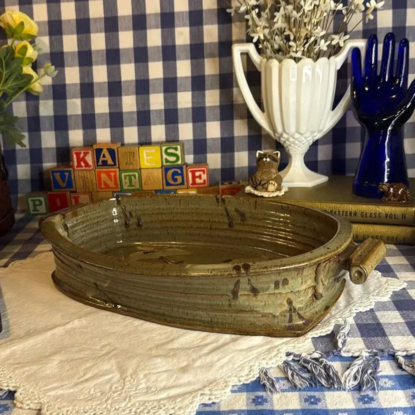 Signed Ron Slagle Handled Casserole Dish, North Carolina Artist - 16” long from handle to handle, 10” wide at widest point, and 3” tall
