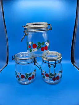 3 Carlton Glass Strawberry Lidded Jars.