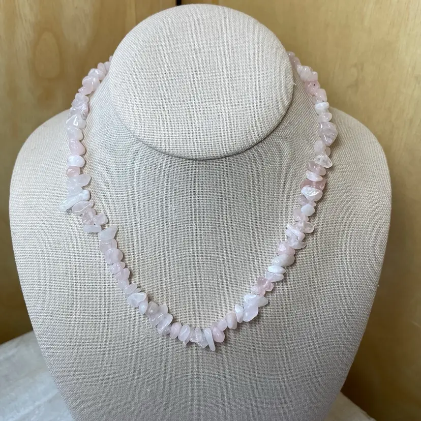 Pink & White Rose Quartz Chip Bead Adjustable Length Necklace Lobster Claw Clasp