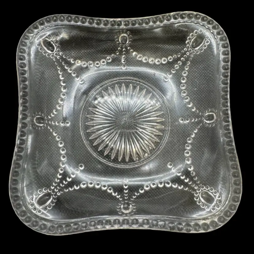Vintage Small Candy Dish Clear Glass Square Beaded Edge and Beaded Ribbon, Starburst Center Bottom 5.5" Wide
