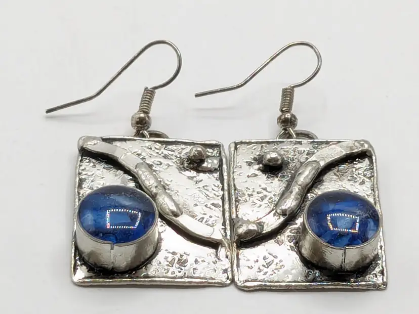 Silver Tone Glass Blue Cabochons Modernist Square Dangle Earrings