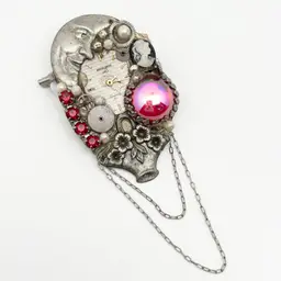 Brooch Silver-tone Steampunk Style Clockface Crescent Moon Cameo Faceted Stones Large Peacock Cab Gears Flower Basket Drop Chain Marked on Back VINTAGE