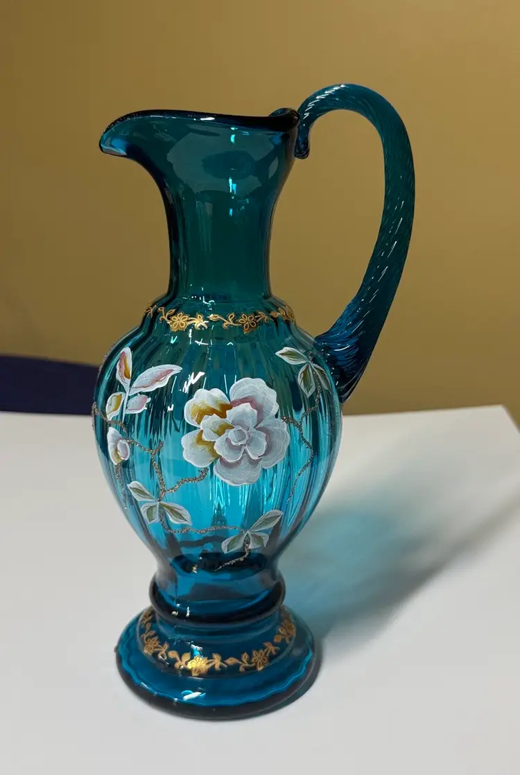 Fenton Turqouise Pitcher New Century XXI Signed artist Kitty L. and Bill Fenton