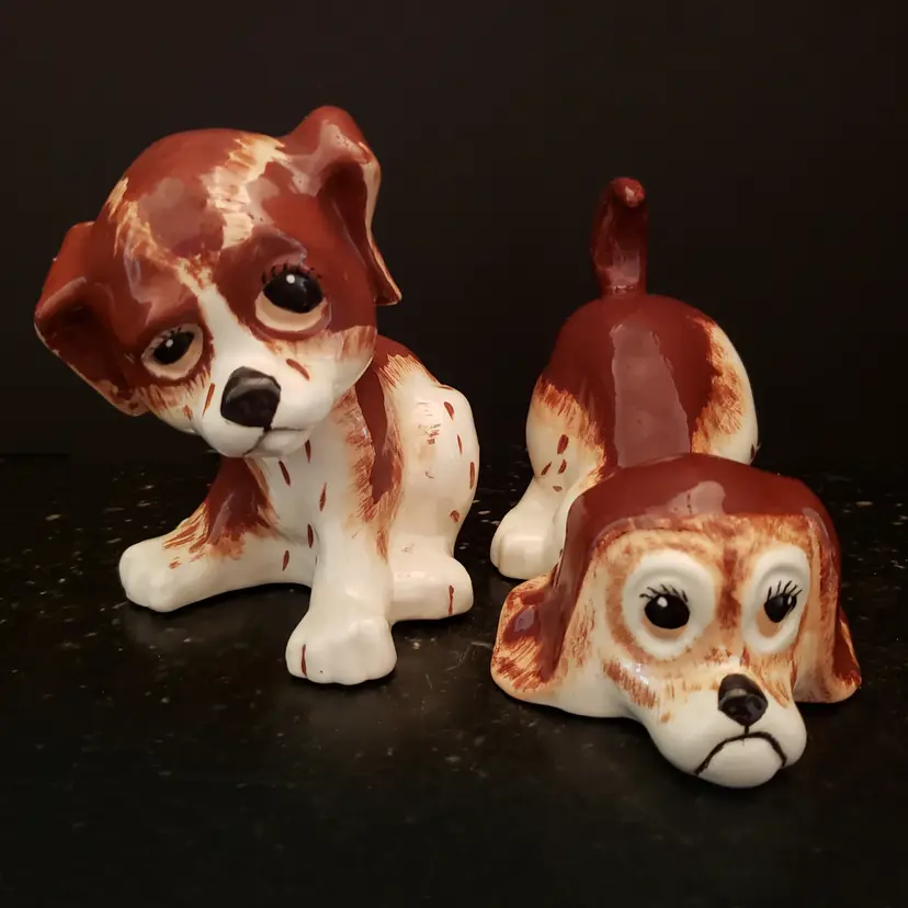 Springer Cavalier Spaniel Puppy Dog Figurines Brown White Kitsch Vintage