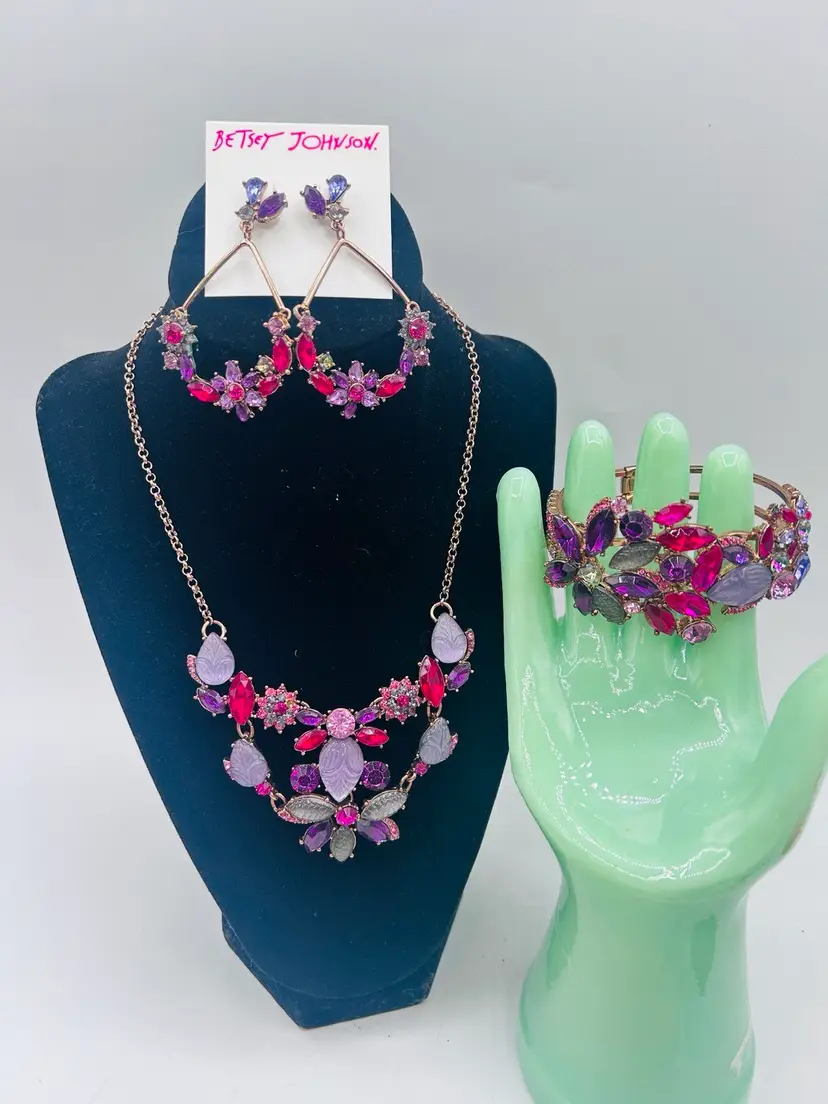 Three Pieces Of Betsey Johnson Rose, Gold, Multicolor, Rhinestone Acrylic, Necklace, Earrings, bracelet
