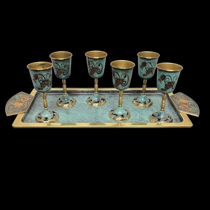 Vintage Israel Jewish Brass Serving Tray Enamel Hand Painted 6 Kiddush Goblets