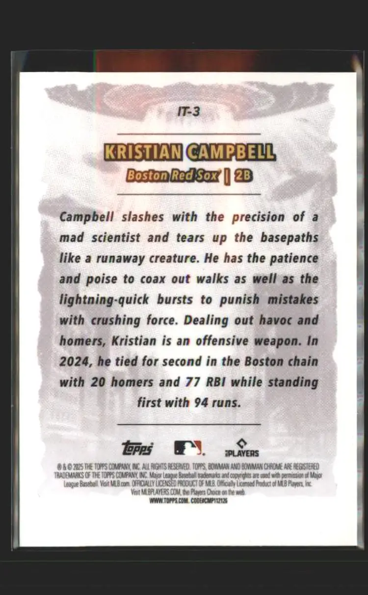 2025 Bowman Chrome #IT-3 Kristian Campbell It Came To The League - (137) - Boston Red Sox