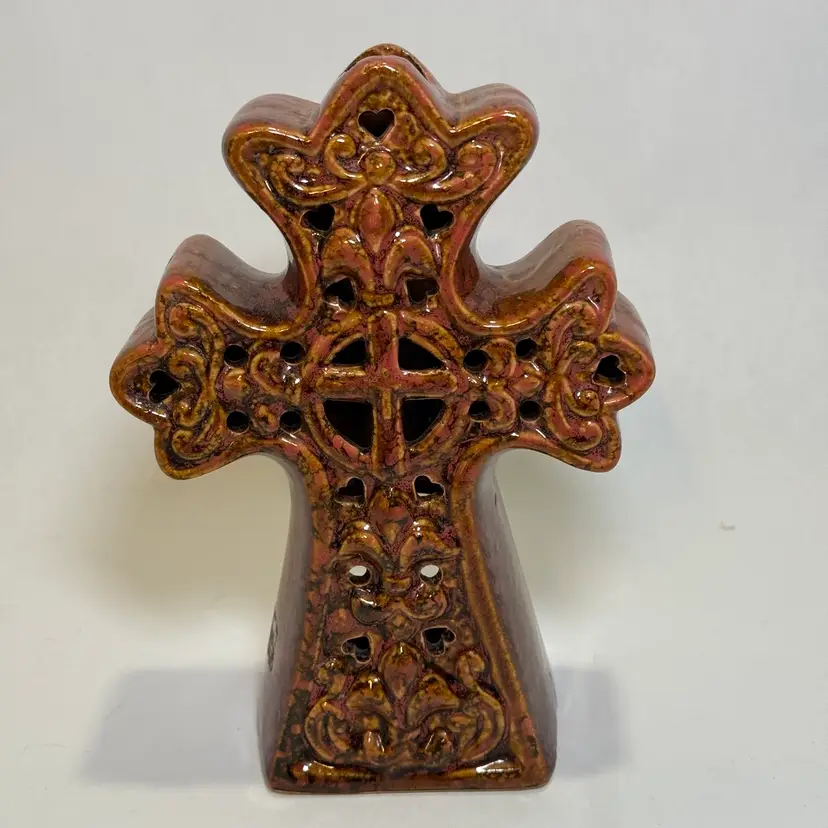 Ceramic Cross Tea Light Holder 5.75” Tall