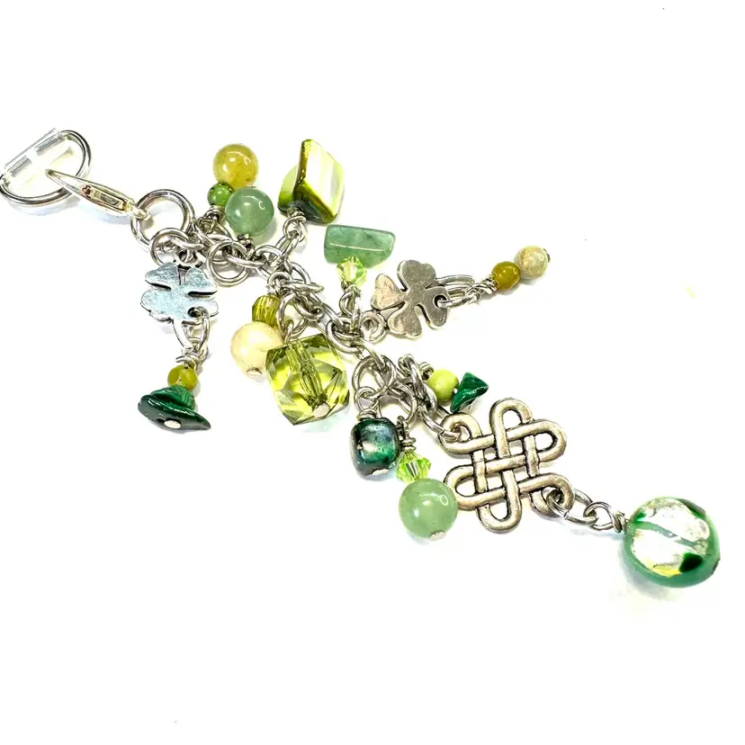 Celtic Knot Clover Charm Shades Of Green Beaded Phone Or Purse Charm Repurposed Jewelry Made By Me 3.5”