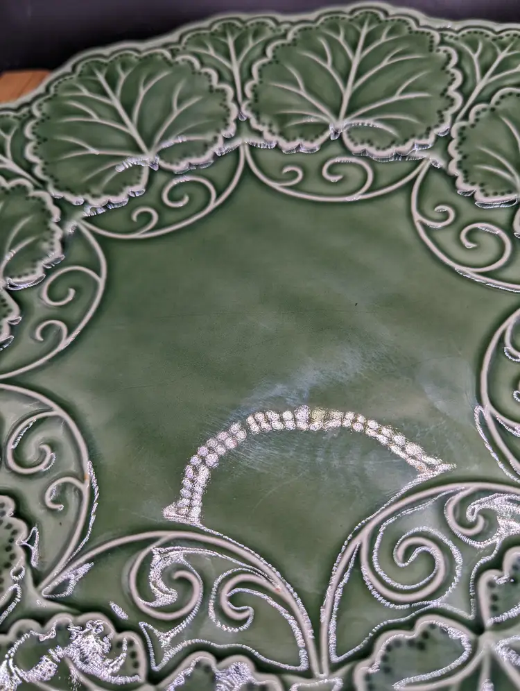 Vintage Geranium Green Leaf Majolica Charger Plate J Willfred Portugal From the House of Bordallo Pinhiero