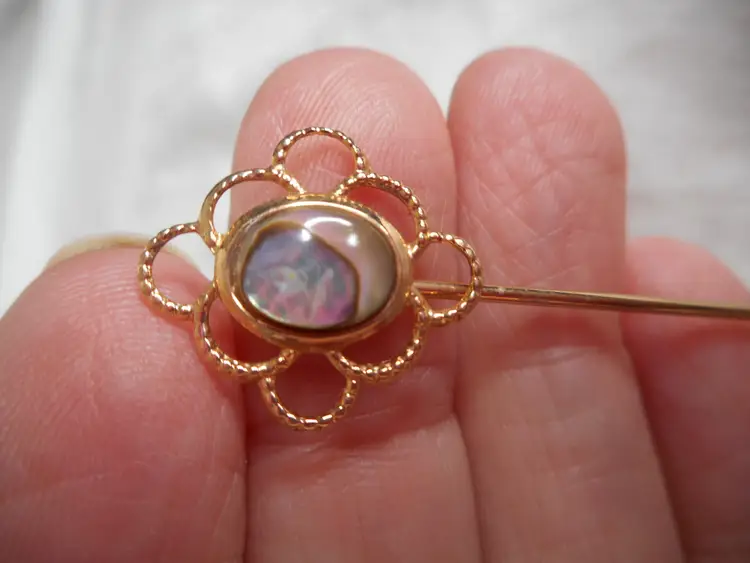 Vtg 1980s Stick Pin Abalone Opal Gold Tone Hat Lapel Estate Brooch costume