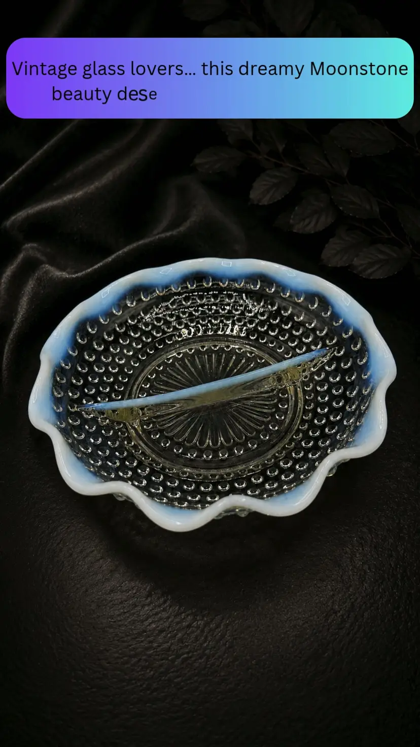 Vintage Fenton Moonstone Divided Dish Hobnail Opalescent Glass Relish Candy Nuts