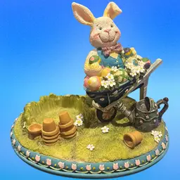 Resin Easter Bunny Votive Holder Wheelbarrow & Flower Pots