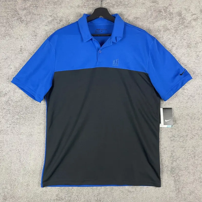 Nike Golf Polo Shirt Mens Large Blue Black Dri-Fit Performance Markel Logo New M-2541