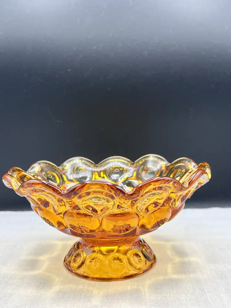 Vintage LE Smith Amber Moon & Stars 3 3/4" x 7 1/2" Footed Bowl