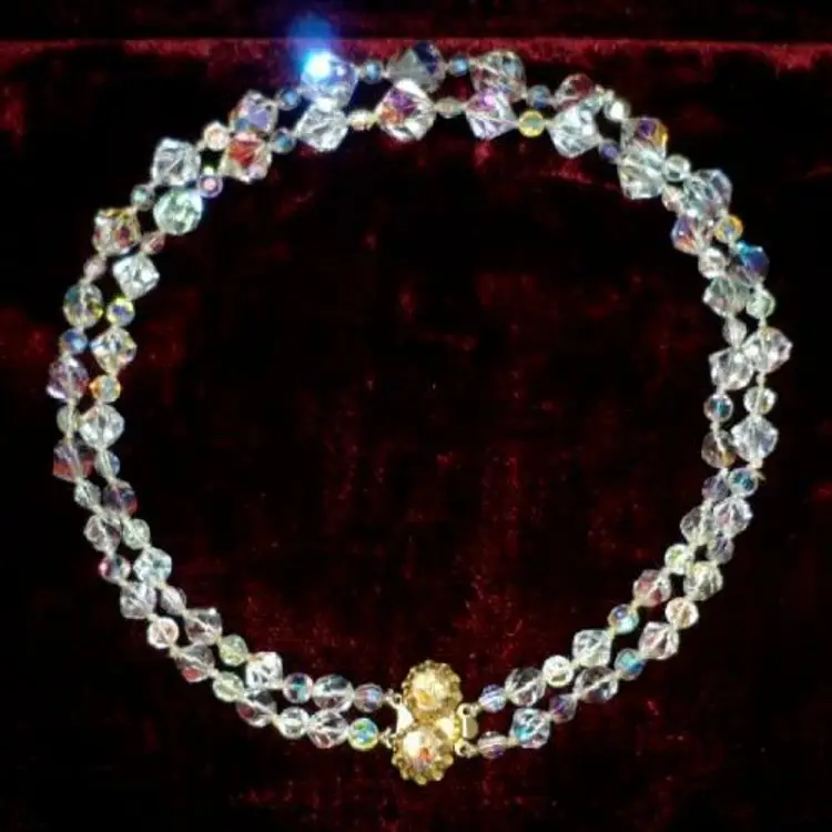 VINTAGE Crystal Necklace Clear Aurora Borealis Gold Silver Clasp Prism Retro