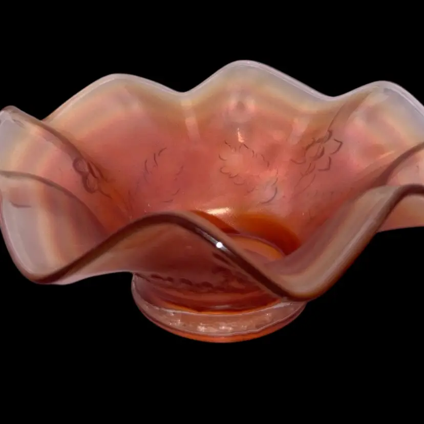 Iridescent Marigold Ruffled Floral Glass Dish/Bowl! An Absolutely Beautiful Piece! Minimal Utensil Scratches Inside! 7” Diameter 2 3/4” Tall!