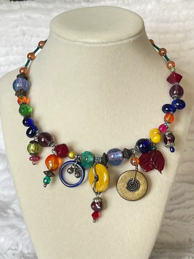 Signed Vintage 1990s Treska Lampwork Glass Statement Necklace Boho Artisan