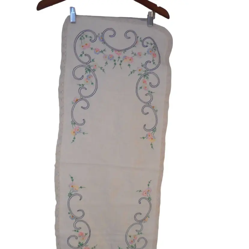 Vintage Blue Multicolor Floral handmade embroidered Lace Dresser scarf runner