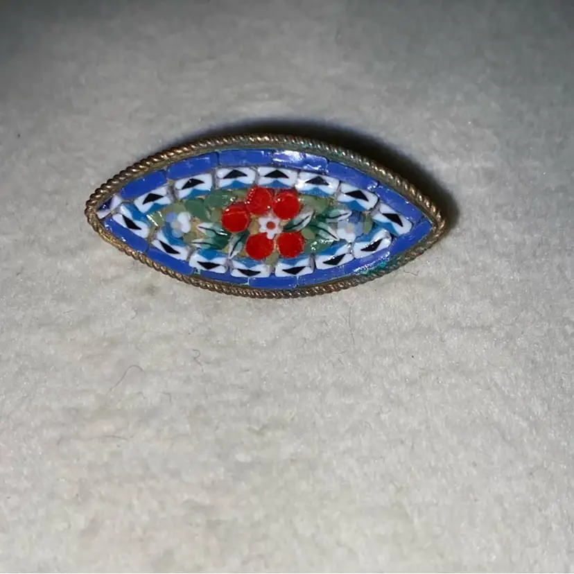 Vintage MICRO MOSAIC Small Eye-Shaped Brooch.  This Beauty Is Outlined In A Beautiful Cornflower Blue Color.  Includes A Red Flower With Green Leaves In The Center.