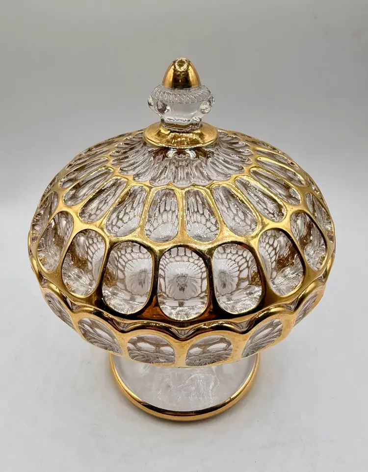 Fenton Thumbprint Lidded Compote Pedestal Candy Dish With Gold Gilding