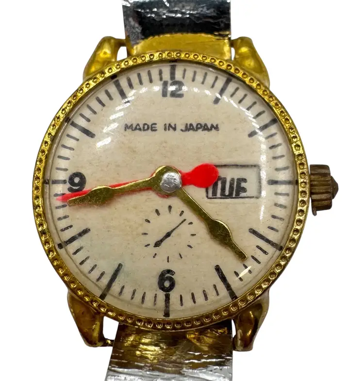 Vintage Childrens Fake Toy Wrist Watch Japan Plastic Paper Metal Vinyl Band 6”