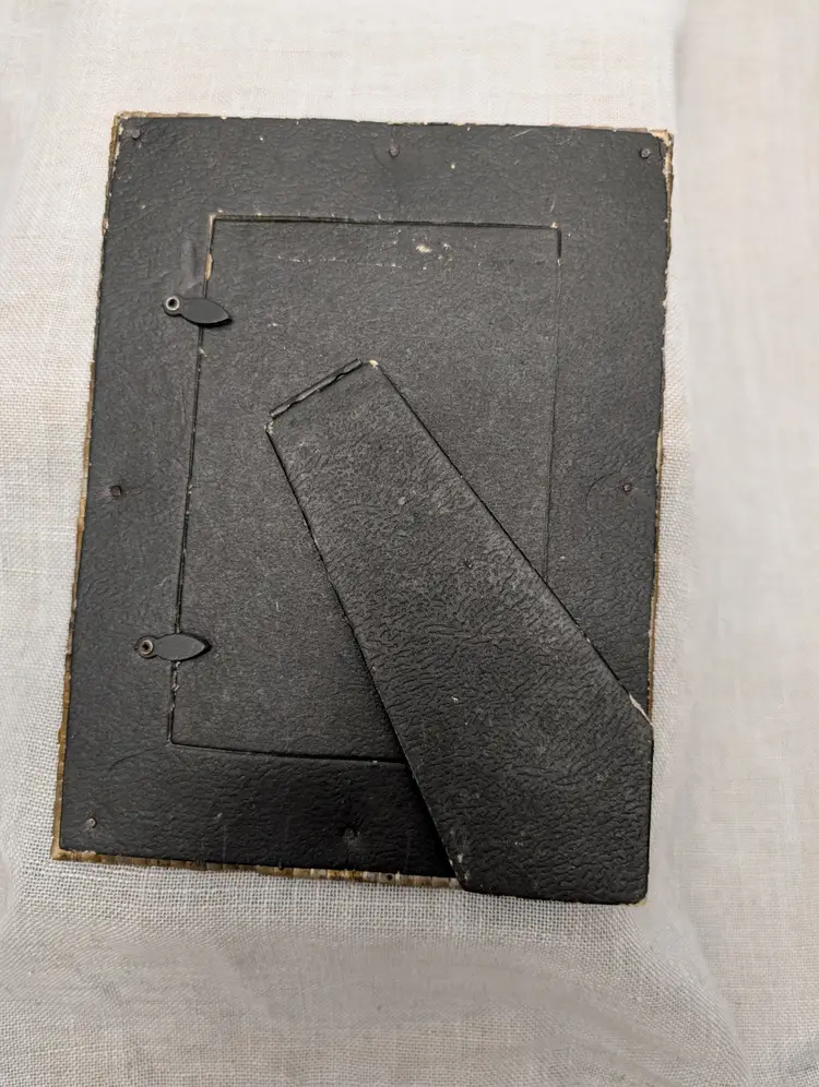 Gold toned woven Frame with Blue and gold material repurposed Frame for rings and brooches