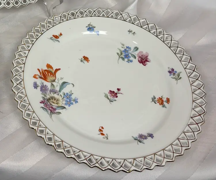 Three Vintage Antique Reticulated Plates 7" Dresden Germany HandPainted Flowers Gold