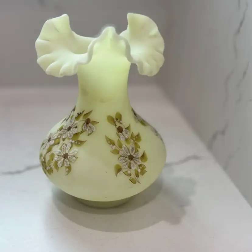 Fenton Custard Glass Vase With Ruffled Rim Hand Painted Flowers, Signed, Glows - 7.25” Tall