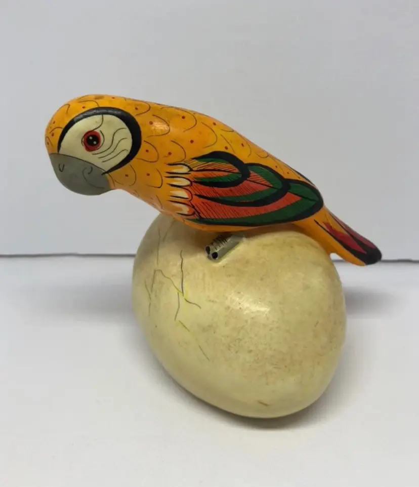 Vintage Folk Art Hand-Painted Parrot Bird on Egg Figurine