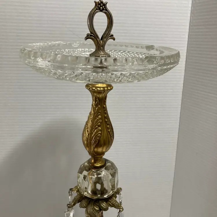 Vintage Pedestal Intricate Gold Crystal & Prisms Hollywood Regency Parlor Floor Stand Ash Tray 25’