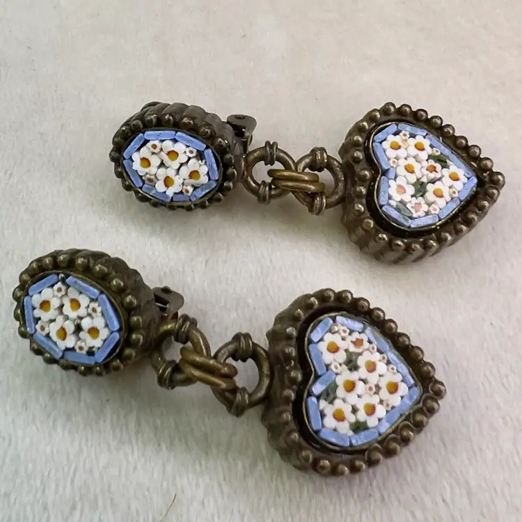 Vintage Roxanne Assoulin Designer Signed Micro Mosaic Heart Clip On Earrings Rare! 1.5”