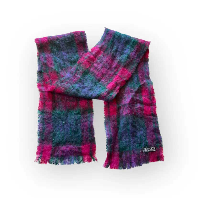 Vintage Foxford Mohair Blend Scarf. Made in Ireland. Jewel Tone Plaid. Pink, Purple, Green. Approximately 66" x 9"