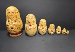Vintage 7 Piece Nesting Dolls Hand Painted Wooden Matryoshka Burned Gold Leaf Signed