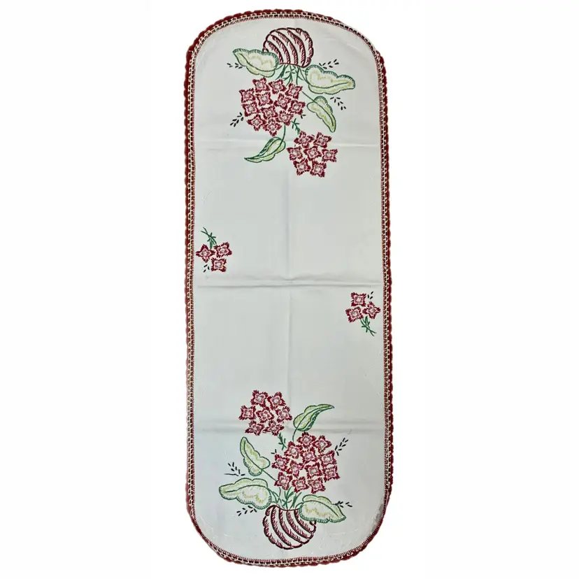 Embroidered Red Floral Table Runner Dresser Scarf Crochet Cottage Core Granny Vintage