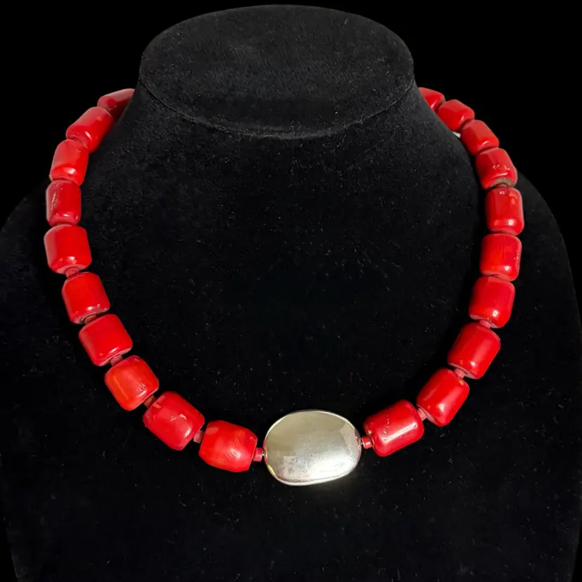 Chunky Red Coral 19"/20.5” Necklace With SS Center Bead Stamped China .925 Not Tested