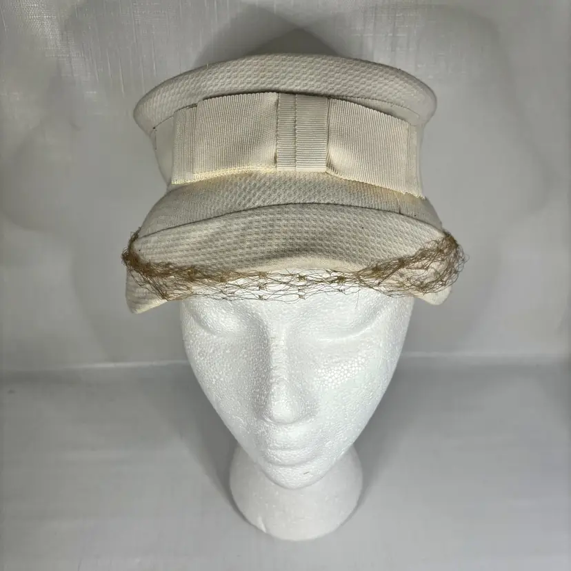 1950s Ivory Cream Pillbox Hat Mesh Netting Bow Union Made USA Vintage