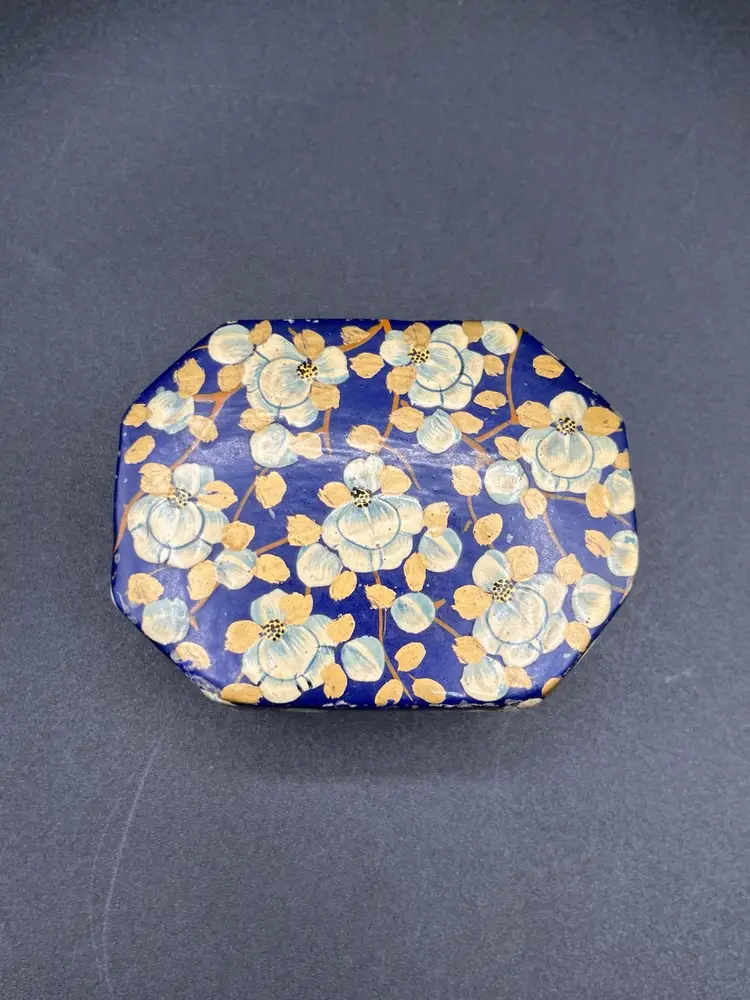 Hexagonal Blue Floral Indian Lacquer Trinket Box 3.5”