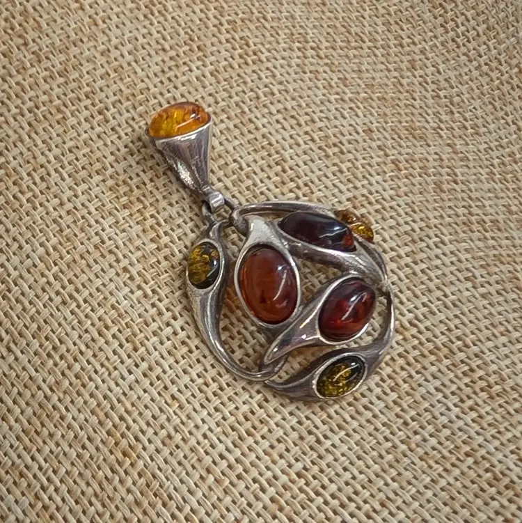 3 Tone Amber Pendant Sterling Silver 925 Interlocking Swirl Circle Slide Bail