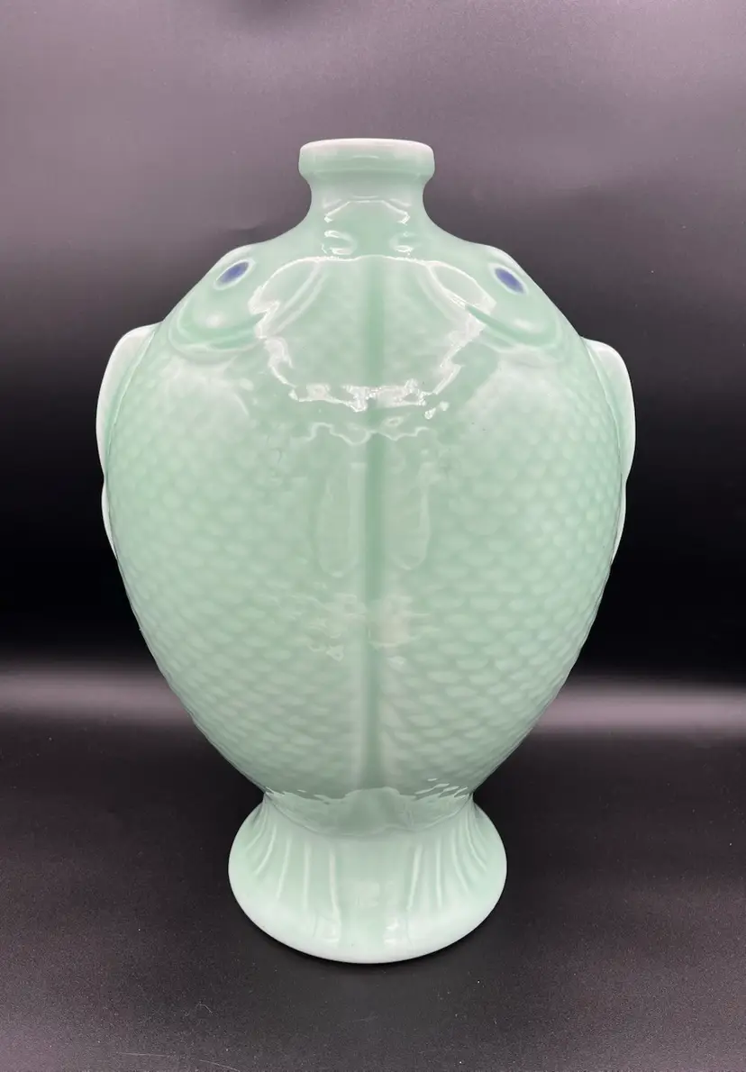 New! 13.6" Qianlong Marked Chinese Celadon Glaze Porcelain Double Fish Vase Bottle