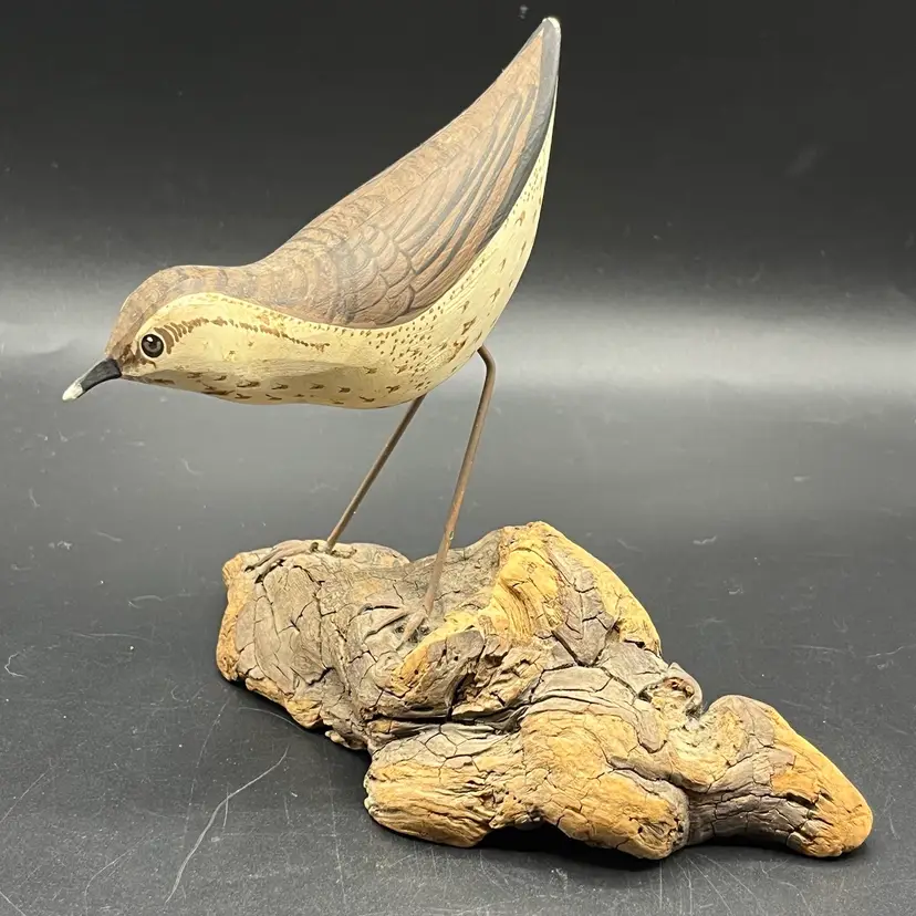 Hand Painted And Carved Wooden Spotted Sandpiper On Birchwood Signed