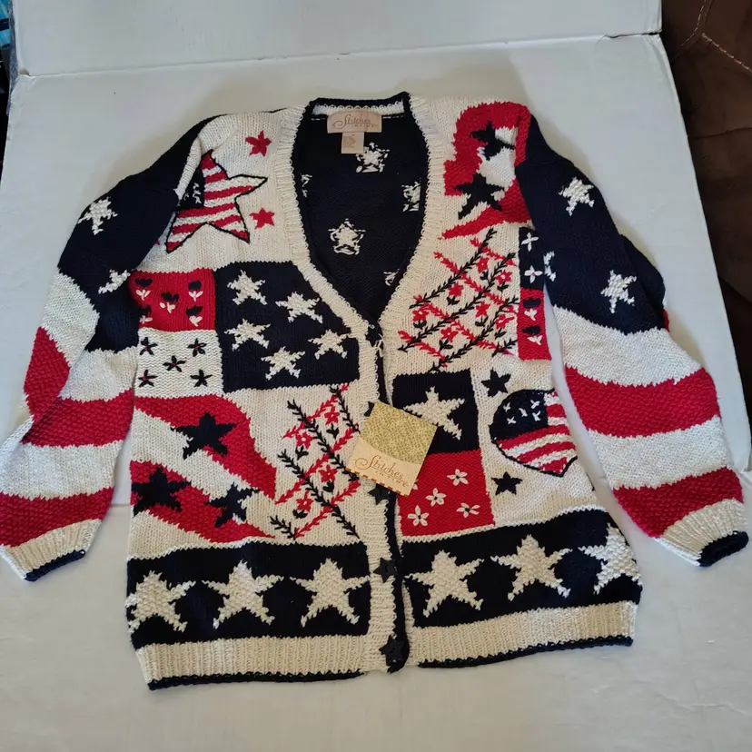 Vintage, Rare NWTs 1990s, Stitches In Time Knitted PATRIOTIC AMERICAN Sweater Sz Med/runs large